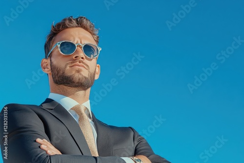 Confident Latin businessman investor with arms crossed on rooftop in stylish suit photo