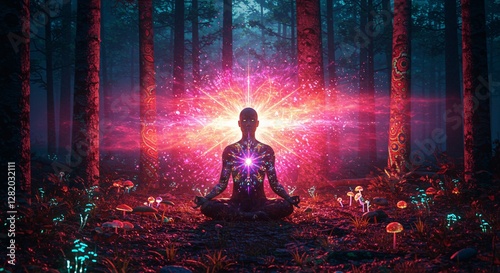 Psychedelic high quality art of a human meditating in the woods