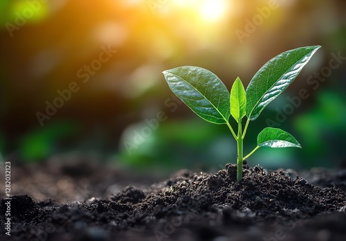 Young Plant Sprouting from Soil, Symbolizing Growth and New Life in Nature with Sunlit Background photo