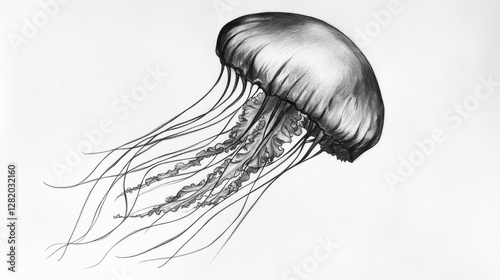 Detailed pencil sketch of a jellyfish against a white background.