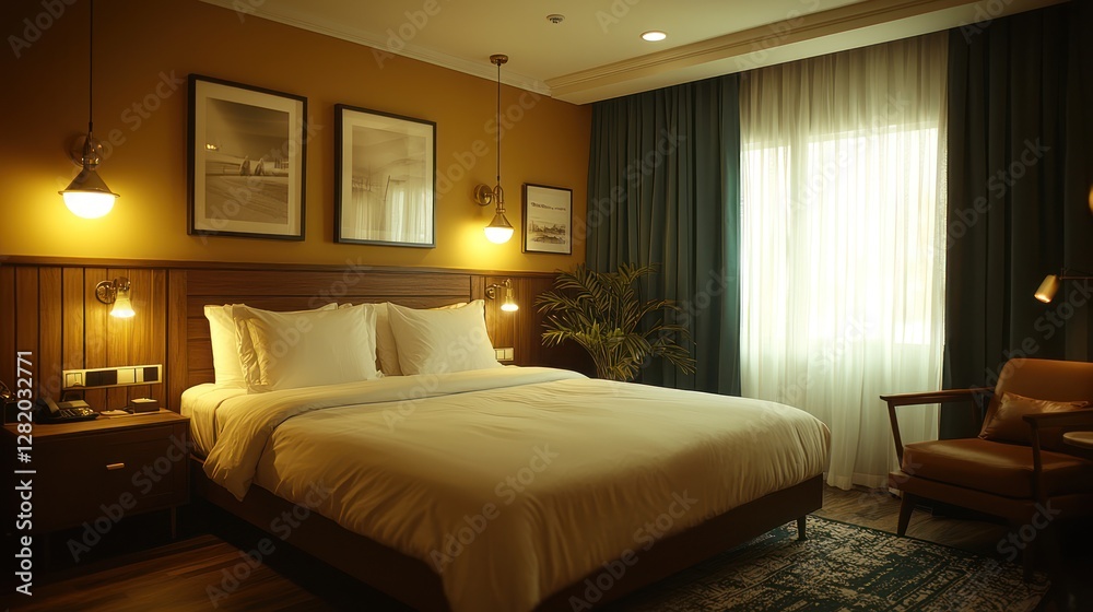 Hotel room sunrise coastal view, cozy bed, wooden decor Hotel room sunrise coastal view, cozy bed, wooden decor