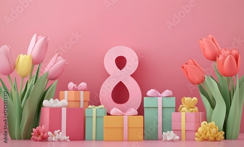 Colorful Gifts and Tulips Around a Pink Number 8