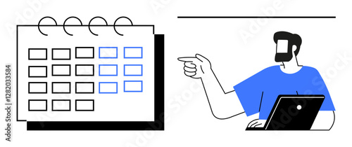 Bearded man in blue shirt points at calendar page while working on laptop. Ideal for productivity, project management, time management, scheduling, planning, office work, business strategies