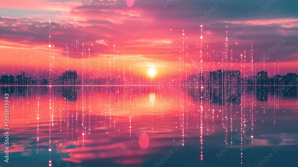 Naklejka premium Surreal digital sunset over a glowing lake with falling matrix-style data streams