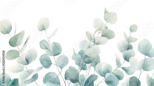 Watercolor depiction of lush green eucalyptus leaves set against a soft white background showcasing natures beauty. Generative AI