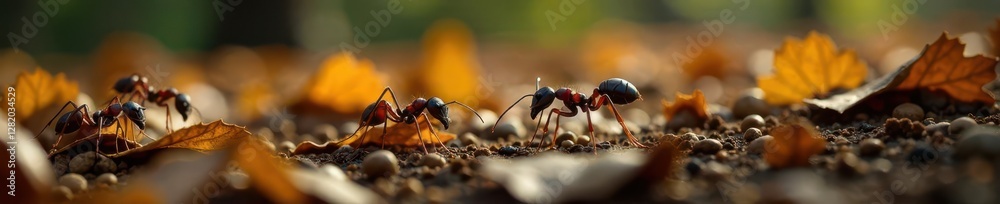 Fire ants swarm across the forest floor amidst fallen leaves, wilderness, insects, leaf litter Fire ants swarm across the forest floor amidst fallen leaves, wilderness, insects, leaf litter