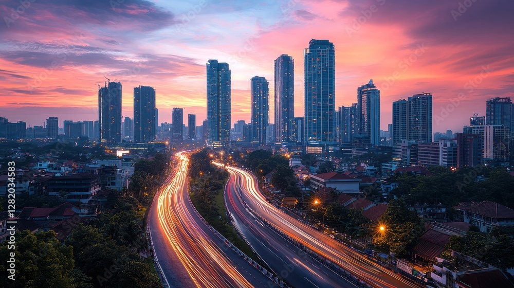 Fototapeta premium City highway traffic at vibrant sunset
