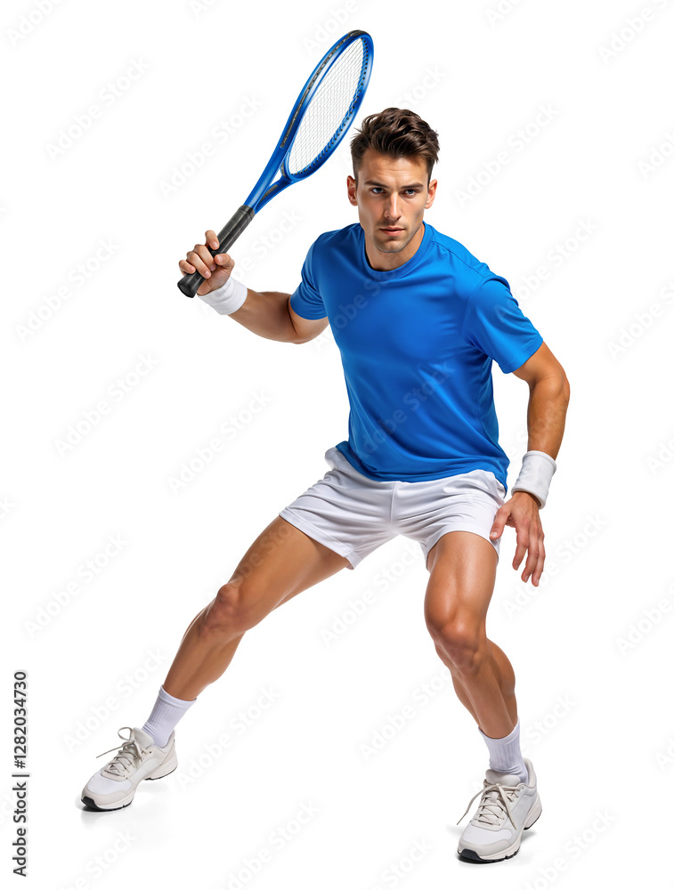 Male Tennis Player in Blue Shirt and White Shorts Ready to swing