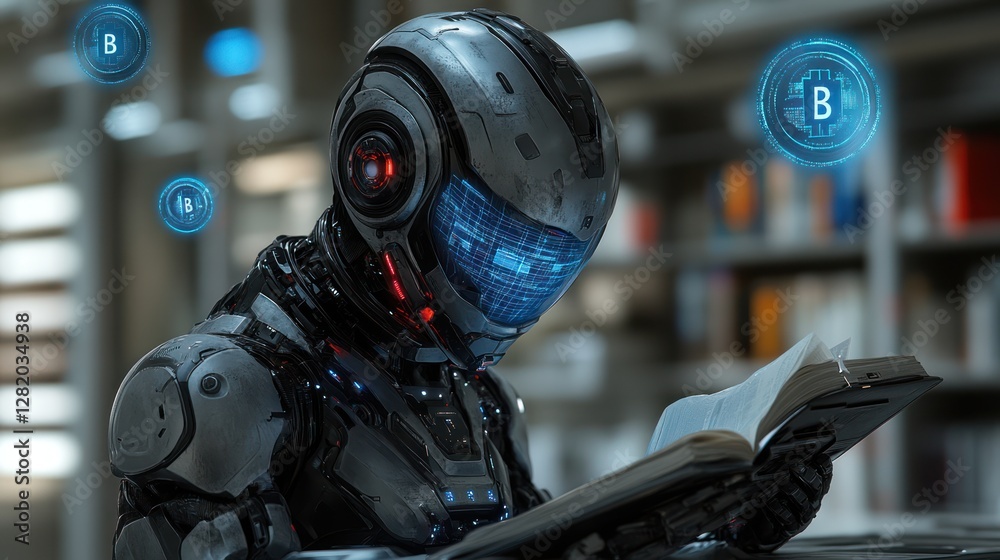 Fototapeta premium Robot reading book in library, cryptocurrency symbols