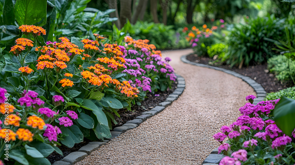 A garden pathway lined with clusters of bright lantana flowers in various shades of pink and orange A garden pathway lined with clusters of bright lantana flowers in various shades of pink and orange