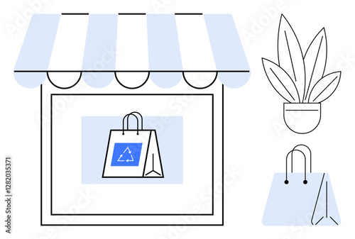 Storefront with blue and white awning, recycled shopping bags, and potted plant. Ideal for sustainable shopping, eco-friendly business, retail, green products, recycling, environmental conservation