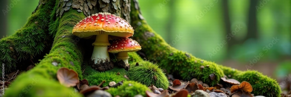 Moss and fungi growing under tree roots with boletus, tree, fungi, undergrowth Moss and fungi growing under tree roots with boletus, tree, fungi, undergrowth