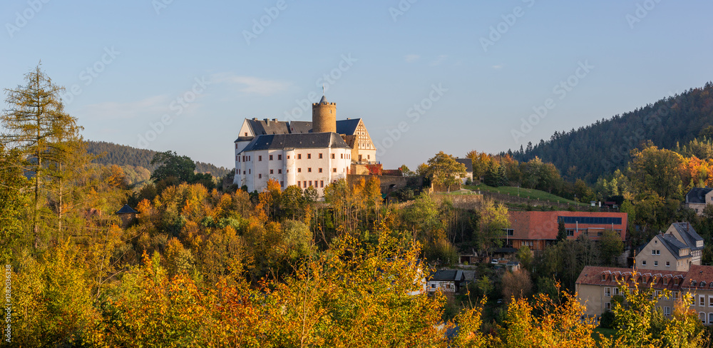 View of Scharfenstein castle in the Ore Mountains, Germany
