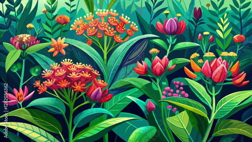 Photos Colorful milkweed plants flourish in their natural surroundings, adorned with striking blossoms and vibrant green foliage, epitomizing the splendor of