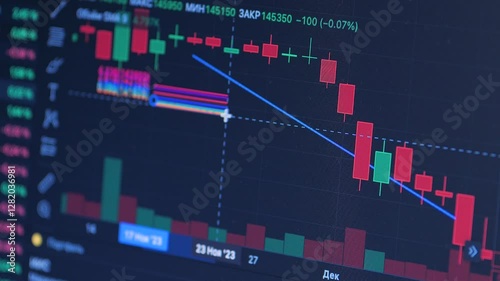 Financial downtrend visualized through red and green candlestick chart, blue computer screen displaying sharp market decline with descending graphical line