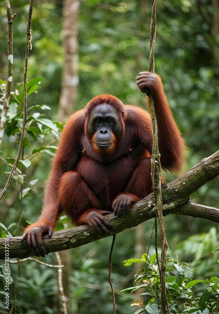 Fototapeta premium A serene Bornean orangutan sits atop a thick branch, its fiery red fur shimmering in the sun. Encircled by dense green foliage and trailing vines, it looks into the distance with deep wisdom