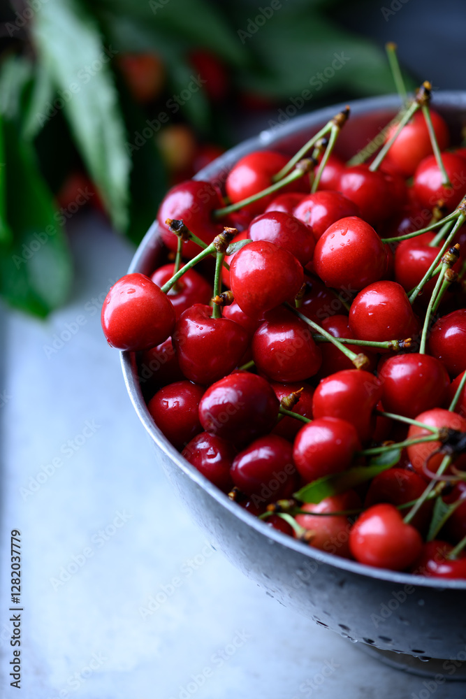 Close-up of ripe fresh red cherries with green leaf in a metal collander. Food photography Close-up of ripe fresh red cherries with green leaf in a metal collander. Food photography