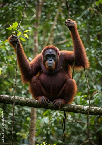 A thoughtful Bornean orangutan rests on a sturdy jungle branch, its reddish fur glowing in the sunlight. It gazes into the distance, surrounded by lush green leaves and hanging vines