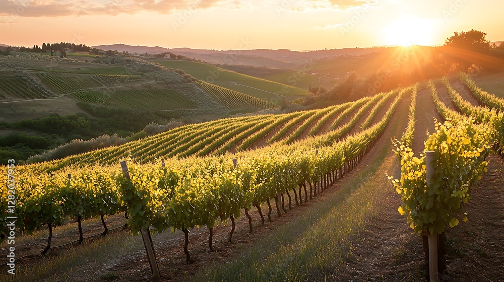 Fototapeta premium A serene hillside vineyard at sunset, with rows of grapevines glowing in the golden light and rolling hills in the background