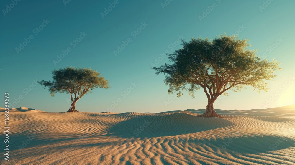Fototapeta premium Two trees standing in a sandy desert under a clear blue sky.