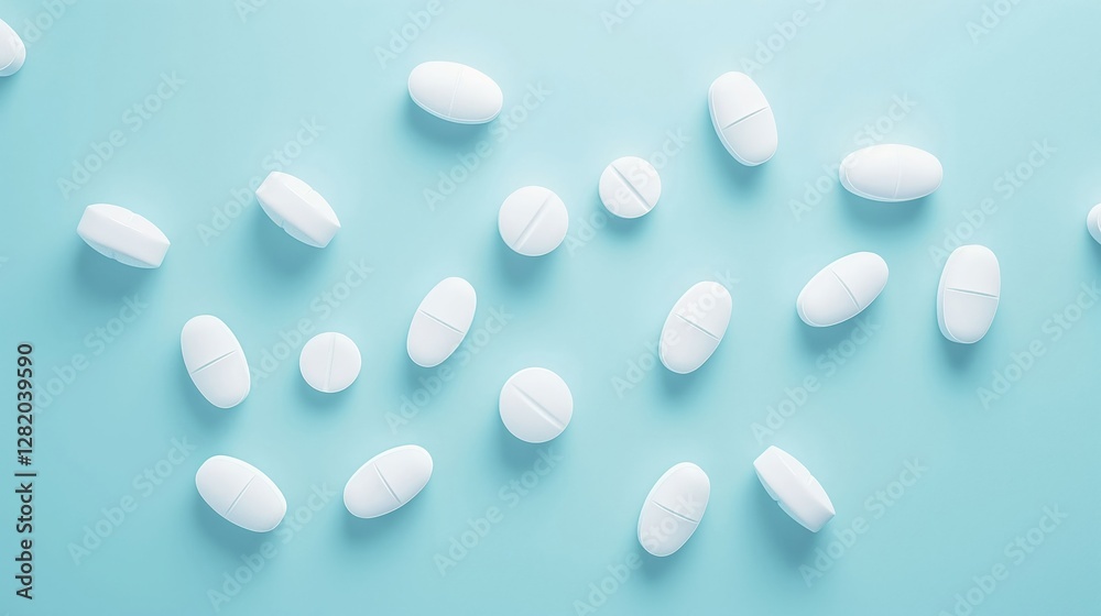 A collection of white pills scattered on a light blue surface. A collection of white pills scattered on a light blue surface.