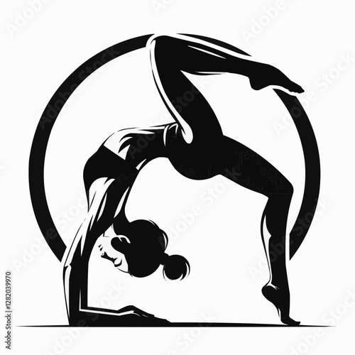 Yoga woman in deep backbend pose with a circular accent in a striking black and white illustration  
