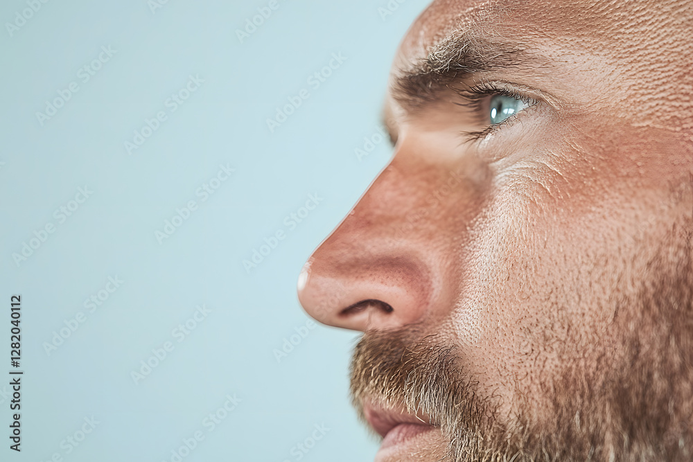 Intense gaze, profile view of a man with a beard, light blue eyes, and fair skin, set against a soft blue backdrop, captures depth and emotion. Intense gaze, profile view of a man with a beard, light blue eyes, and fair skin, set against a soft blue backdrop, captures depth and emotion.
