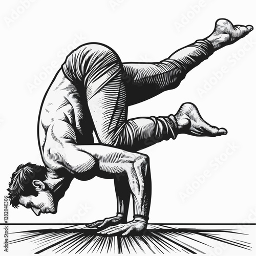 Athletic man performing crow pose in a dynamic black and white illustration