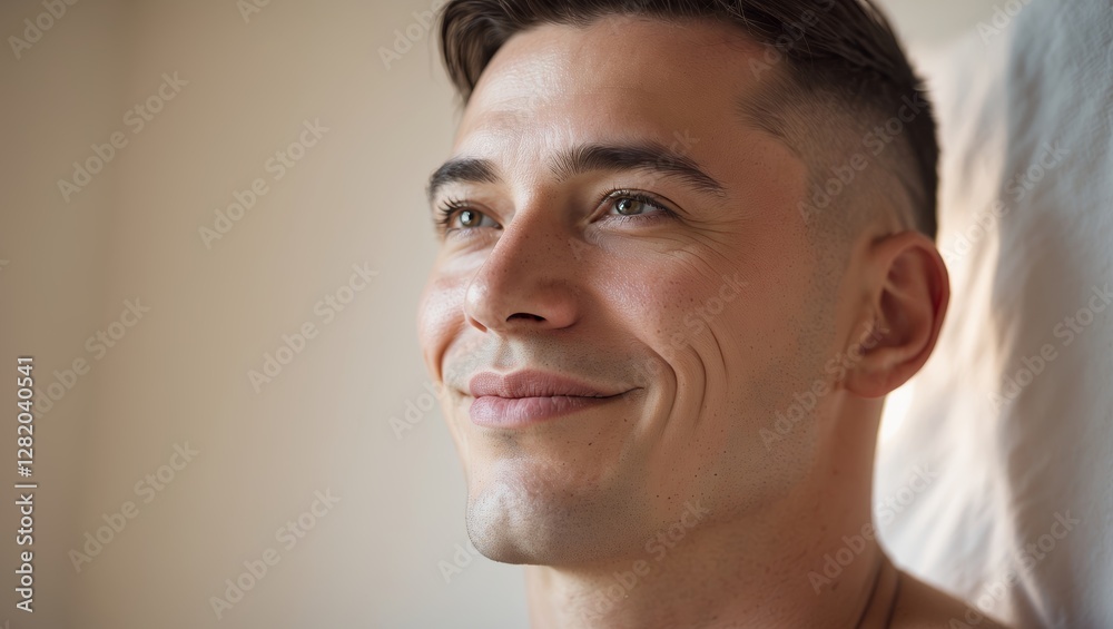 Obraz premium Young man smiling thoughtfully in a cozy indoor space during morning light