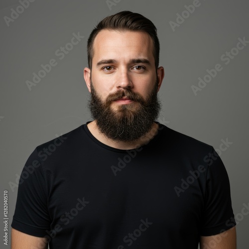 A man with a full beard and short hair, wearing a black t-shirt, standing against a plain gray background, looking directly at the camera with a neutral expression.

