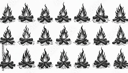 Set of detailed campfire icons with tribal barbaric style. Printable monochrome sharp bold black line art illustration isolated on white background for logo, template, tattoo. Collection of bonfire