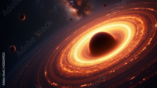An enormous black hole devouring light, gravitational waves distorting space-time, glowing accretion disks spiraling around the event horizon, a surreal cosmic singularity.