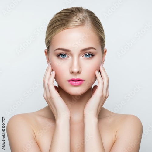 A photograph of a young woman with fair skin and blonde hair styled in a sleek, low bun, wearing subtle makeup, bright blue eyes, well-defined eyebrows, and pink lipstick.

