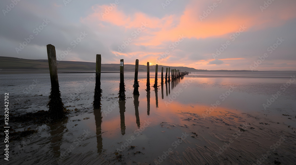 Sunset over coastal posts, calm water, serene sky, travel photography Sunset over coastal posts, calm water, serene sky, travel photography