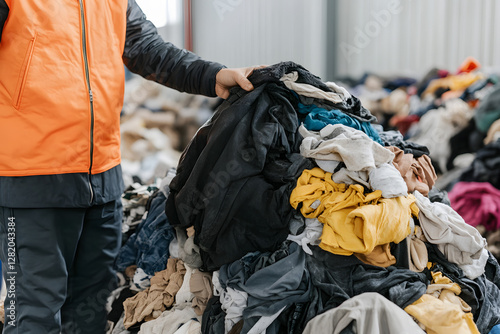 Textile Recycling: Worker inspecting a large pile of assorted clothing for processing, reuse, or disposal in an industrial setting.