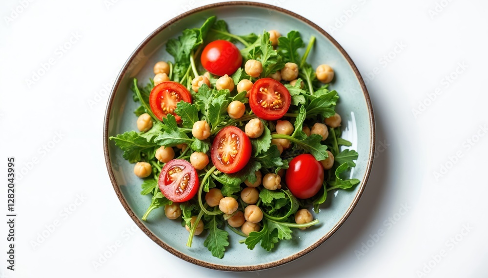Arugula chickpea salad with cherry tomatoes on white plate. Fresh, healthy, delicious vegetarian meal. Vegan salad with legumes, herbs, vibrant appetizer. Diet dish. Summer dining, freshness, savoury Arugula chickpea salad with cherry tomatoes on white plate. Fresh, healthy, delicious vegetarian meal. Vegan salad with legumes, herbs, vibrant appetizer. Diet dish. Summer dining, freshness, savoury