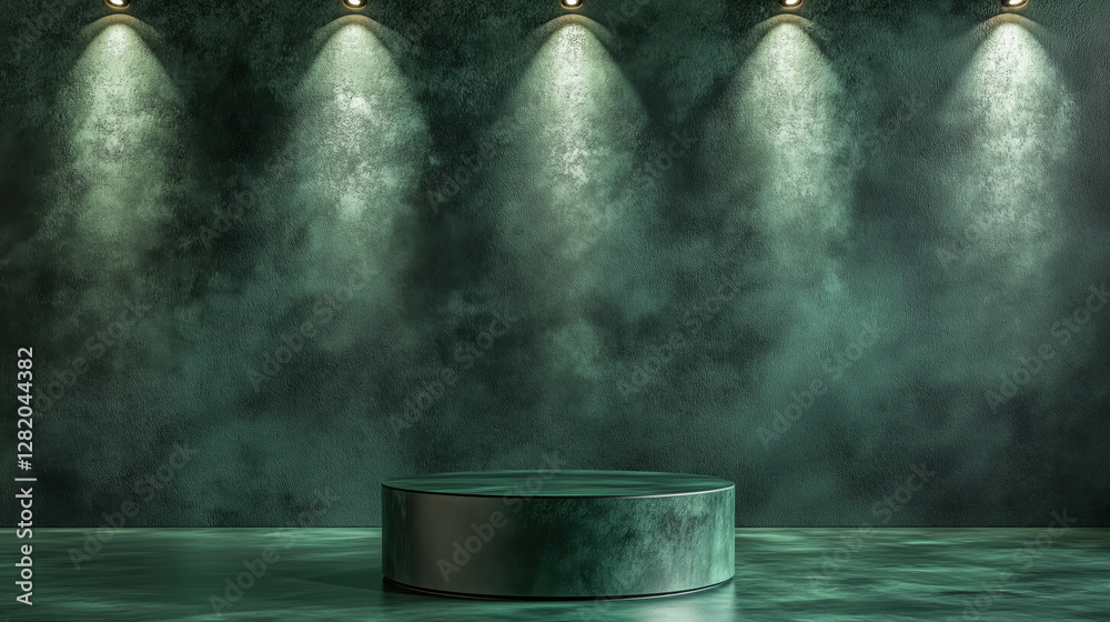 Obraz premium Sophisticated Glossy Dark Green Podium Positioned Against a Matte Forest Green Wall Background Accented by Directional Spotlights for a Bold Product Exhibition