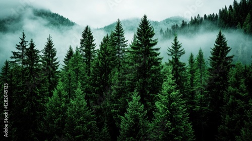 Misty forest landscape with soft light, ethereal and atmospheric background, deep green hues blending into a dreamy haze