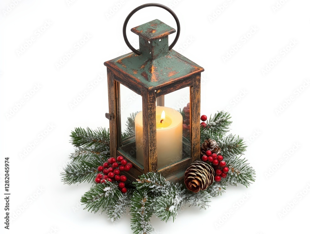 A rustic lantern with a candle surrounded by pine branches, berries, and a pine cone, creating a cozy, festive atmosphere. A rustic lantern with a candle surrounded by pine branches, berries, and a pine cone, creating a cozy, festive atmosphere.