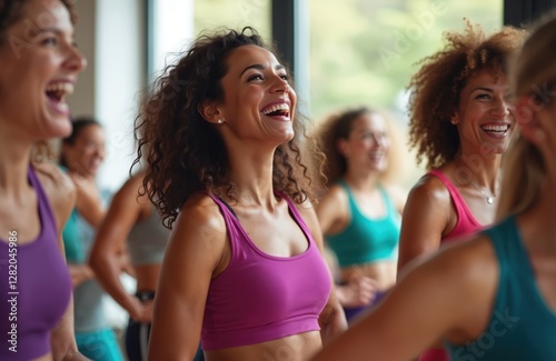 Group of fit young women laughs together during zumba class. Girls in activewear enjoy dance fitness workout, sport cardio training. Slim sportive female has fun, burns calories at gym.