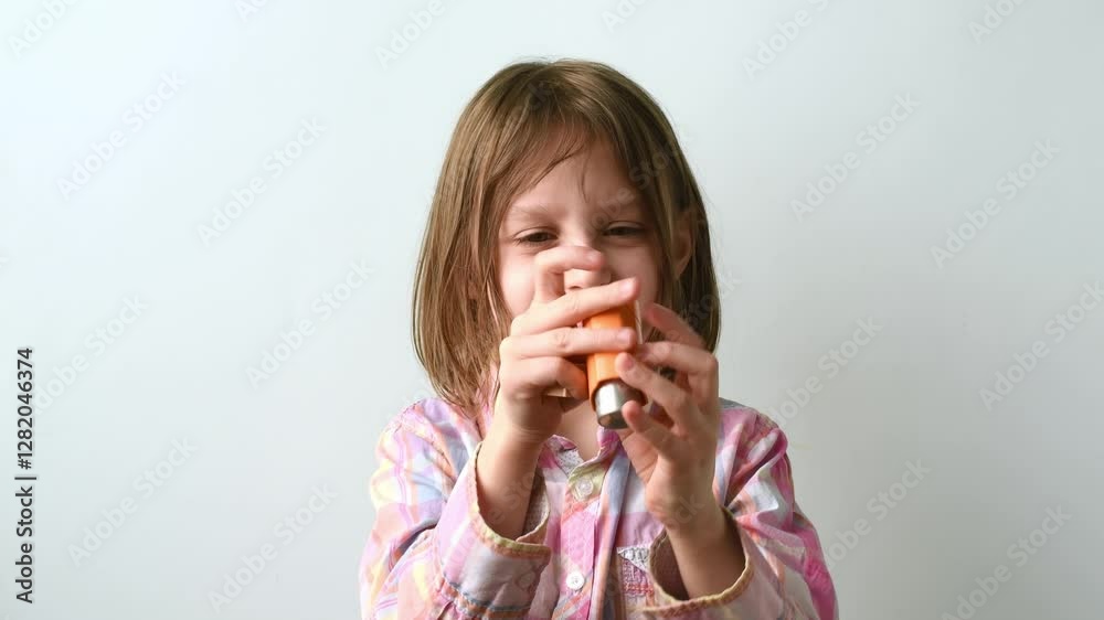 Young girl in plaid shirt with orange inhaler in hand, focusing on respiratory health, standing calmly against light background Young girl in plaid shirt with orange inhaler in hand, focusing on respiratory health, standing calmly against light background