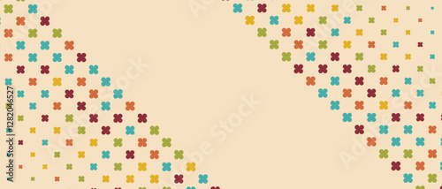 Vector retro 70s background. Vintage psychedelic wallpaper with colorful abstract shapes, halftone texture, and rainbow elements. Nostalgic groovy design for posters, banners, and wall art