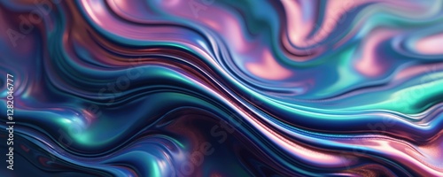 Fluid design twisted shapes. Holographic 3D abstract iridescent background. Rainbow gradient colorful wallpaper pattern. Decorative texture. Modern art concept. Chromatic waves film backdrop.