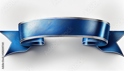 a blue ribbon banner with a silver trim is isolated on a white background the banner is curved and has a blank space in the center for text generative ai