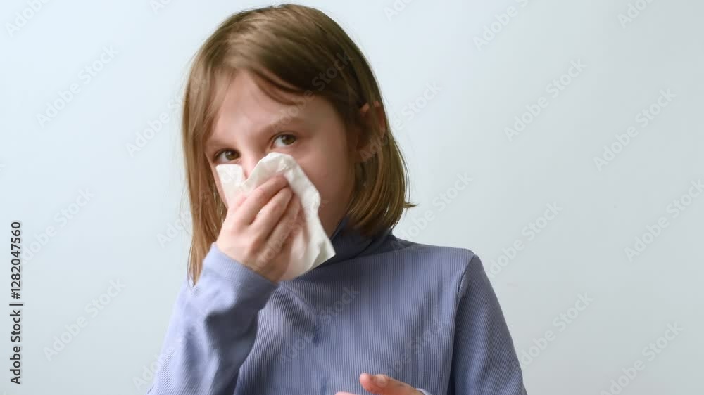 Young girl in blue turtleneck blowing nose into paper tissue on plain background, focusing on seasonal cold relief and hygiene Young girl in blue turtleneck blowing nose into paper tissue on plain background, focusing on seasonal cold relief and hygiene