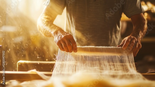 man carefully weaving fabric, traditional craftsmanship, soft and warm tones, detailed cultural photography