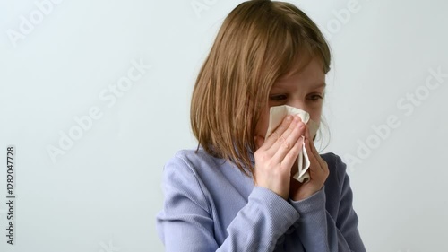 Young girl in light blue turtleneck gently blowing nose into tissue on plain background, focusing on cold relief and health