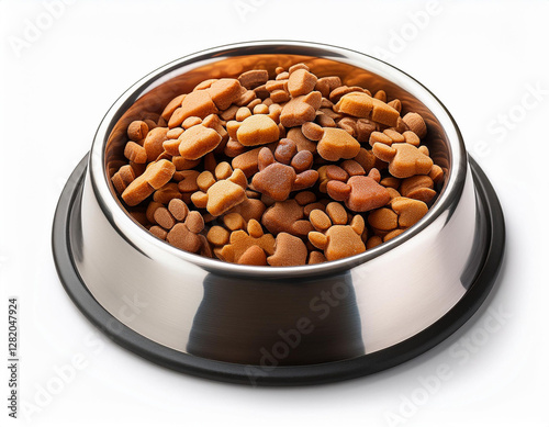 metal bowl filled with dry dog cat food shaped like paw prints isolated on white background photo