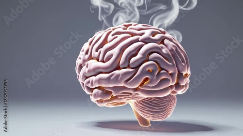 Steaming human brain model on dark background with smoke, conceptual art of mental overload. Neuroscience and psychology concept