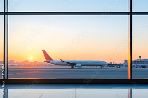 Airplane at dawn: An airplane is getting ready for takeoff viewed through a large window at an airport during a picturesque sunrise or sunset.